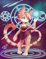 OC: Avilon by JoVeeAl - kemono, cat, feline, kitten, female, moon, glow, dress, anthro, claws, stars, space, stripes, markings, furry, sun, symbols, tattoos, oc, solo, clothing, furries, belt, standing, pink hair, alchemy, red eyes, blue eyes, hands, comet, original characters, felid, digital art, original character, signature, pink fur, character design, character concept, digital painting, chest fluff, female/solo, shooting star, ocs, ear fluff, furry art, digital illustration, digital drawing, digital artwork, detailed background, digital media (artwork), dipstick tail