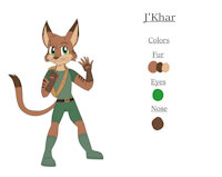 J'Khar the Khajiit Reference Sheet by KendraEevee - cat, feline, male, reference sheet, anthro, stripes, furry, khajiit, green eyes, whiskers, original character, brown fur, male/solo, skyrim, the elder scrolls