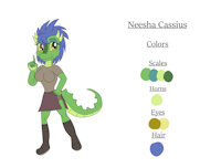 Neesha the Argonian Reference Sheet by KendraEevee - female, reference sheet, anthro, lizard, reptile, horns, blue hair, scalie, yellow eyes, original character, argonian, green scales, female/solo, skyrim, the elder scrolls, yellow sclera