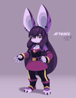 Halloween Special - OC: Artemis by JoVeeAl - breasts, female, gloves, rabbit, clothed, skirt, anthro, safe, furry, goth, gothic, cleavage, oc, choker, solo, clothing, furries, boots, belt, earrings, leggings, nails, yellow eyes, anthropomorphic, arm warmers, original characters, purple hair, headband, furrys, tank top, digital art, original character, lagomorph, sfw, character reference, simple background, signature, purple fur, nail polish, character design, digital painting, leporid, leporidae, hi res, ocs, gradient background, safe for work, furry art, purple body, goth girl, absurd res, digital drawing, anthrofurry, digital artwork, digital media (artwork)