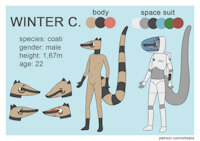 Winter C. (char sheet) by orbitalis - male, anthro, blush, solo, text, mammal, navel, coati, big tail, english, model sheet, striped tail, black eyes, simple background, spacesuit, blue background, black nose, tan fur, black ears, procyonid, url, white border, black hands, black feet, tan body