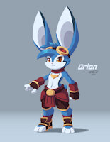 Orion (Version 4) by JoVeeAl - male, gloves, rabbit, socks, topless, pants, shorts, jewelry, gold, original, anthro, safe, smile, fur, furry, necklace, hair, shoes, oc, solo, goggles, blue hair, text, clothing, furries, fursona, toes, belt, standing, character art, yellow eyes, navel, hands, neckerchief, original characters, blue fur, digital art, original character, lagomorph, sfw, character reference, simple background, signature, character design, accessories, digital painting, footwear, leporid, leporidae, hi res, ocs, gradient background, eyewear, safe for work, furry art, absurd res, digital drawing, digital artwork, digital media (artwork), bottomwear