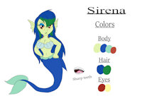 Sirena Reference Sheet by KendraEevee - female, long hair, reference sheet, character sheet, aquatic, mermaid, blue hair, green hair, big breasts, red eyes, sharp teeth, siren, original character, gills, eyeshadow, female/solo, two tone hair, yellow sclera, ear fins