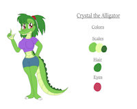 Crystal the Alligator Reference Sheet by KendraEevee - female, reference sheet, alligator, gator, reptile, green hair, scalie, big breasts, wide hips, ponytail, pink eyes, green scales, female/solo, crocodilian, thick thighs