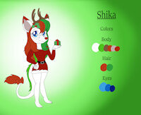 Shika Reference Sheet by KendraEevee - female, glasses, reference sheet, present, anthro, antlers, green hair, dragoness, blue eyes, red hair, white fur, eastern dragon, original character, accessory, red nose, furred dragon, christmas outfit, female/solo, christmas present, eyewear, two tone fur