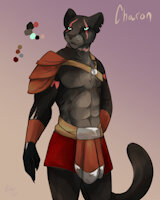 Charon by LordOfTheTroglodytes - feline, male, panther, buff, character sheet, general, fighter, black panther, black leopard, gladiator, comic character, handsomeboi