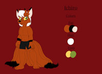 Ichiro Reference Sheet by KendraEevee - kitsune, son, male, hybrid, reference sheet, anthro, horns, green eyes, white hair, multiple tails, red fur, oni, fan character, male/solo, jackie chan adventures, yellow sclera, fan child