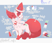 Pen Reference Sheet by PDart - video games, male, tongue, feral, fur, digitigrade, solo, pokémon, text, nintendo, open mouth, ribbons, red fur, big tail, pawpads, white fur, model sheet, fan character, simple background, eeveelution, hi res, white eyes, english text, white body, sylveon, red body, cute fangs, blue sclera, pokémon (species), green sclera, pen (pd)