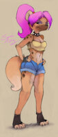 Mynt by SquirrelAmazing - female, hyena, character sheet, pink hair, jean shorts
