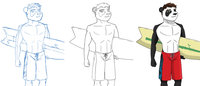 3 Steps by Kegawa - male, panda, surfing, ref sheet, swimwear, example