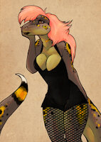 Kalimah Singh by LordOfTheTroglodytes - boobs, female, hybrid, teen, pinup, lizard, snake, reptile, pose, cleavage, fishnet, slutty, jailbait, geckoella