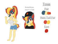 Tessa the Quilava Reference Sheet by KendraEevee - female, reference sheet, pokemon, anthro, pokemorph, red eyes, blonde hair, ponytail, red fur, red hair, quilava, beanie, blue fur, yellow fur, female/solo, two tone hair, multicolored fur