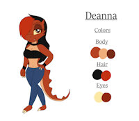 Mighty Ducks OC - Deanna Reference Sheet by KendraEevee - female, claws, choker, reptilian, scalie, red eyes, black hair, red hair, fan character, red scales, saurian, mighty ducks, female/solo, wristbands, two tone hair, yellow sclera