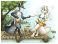 William and Henriata Baggins by bagginsbandb - fox, female, male, dancing, red fox, romantic, piebald, william, couples, dock, swimsuits, grey fox, crossfox, michelelight, michele light, henrietta, romantic couple, bagginsbandb, piebald fox, henrietta baggins, william baggins