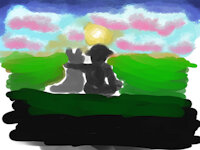 Random drawing prompts by IGAKattack - dog, puppy, boy, male, canine, painting, sunset, pup, human, pupper