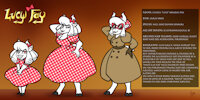 [C] Lucy Fay reference sheet by JAMEArts - goat, cute, girl, woman, female, commission, glasses, adult, dress, demon, trenchcoat, child, bow, sheet, reference, polka dot, bandana, actress, wes13, jamearts, lucy fay