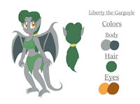 Gargoyles OC - Liberty by KendraEevee - female, reference sheet, claws, gargoyle, wings, green hair, fan character, amber eyes, female/solo, gray skin