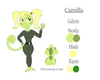 Mighty Ducks OC - Camilla Reference Sheet by KendraEevee - female, pigtails, green eyes, reptilian, scalie, fan character, small breasts, saurian, mighty ducks, green scales, female/solo, curled tail, yellow sclera