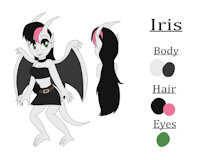 Gargoyles OC - Iris Reference Sheet by KendraEevee - female, long hair, reference sheet, gargoyle, wings, horns, black hair, female/solo, two tone hair, pink highlights, silver skin