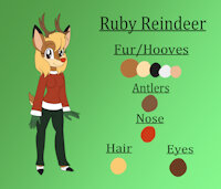 Ruby Reindeer Reference Sheet by KendraEevee - female, reference sheet, christmas, anthro, deer, cervine, hooves, antlers, reindeer, blonde hair, brown eyes, brown fur, red nose, female/solo