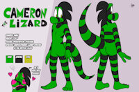 [G] Cameron the Lizard reference sheet by JAMEArts - cute, male, green, black, lizard, sheet, giftart, reference, striped, kissy, skunkdude13, jamearts, cameron the lizard