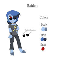 Raiden Reference Sheet by KendraEevee - teen, reference sheet, demon, teenager, herm, hermaphrodite, blue hair, sunglasses, red eyes, humanoid, character reference, fan character, blue skin, hair over eye, jackie chan adventures, fan child
