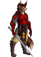 Shujaa by AceV - sword, wolf, male, lion, fennec, red fox, armor, fantasy, knight, swordsman, african wild dog, medieval fantasy, stoneheart