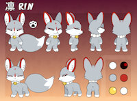 Rin Ref Sheet by Vorechestra - fox, kitsune, nude, butt, male, paw, short, demon, tail, character sheet, anthro, feral, clean, chibi, necklace, bell, solo, m/solo, ref sheet, pawpad, rin, flat, original character, sfw, color palette, vorechestra