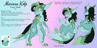 Marissa Kelp Reference by EnderFloofs - female, reference sheet, tail, claws, fur, hair, text, green hair, yellow eyes, blue fur, kobold, simple background, green fur