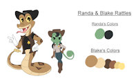 Cuphead OCs - Randa and Blake Ref Sheet by KendraEevee - female, male, reference sheet, size difference, lizard, snake, naga, markings, reptile, cowboy, cowgirl, chameleon, scalie, black hair, rattlesnake, married couple, male/female, fan characters, husband and wife, green scales, curled tail, brown scales, larger male, smaller female, cuphead