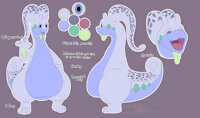 [c] Blazingflare Goodra Reference Sheet by MGlBlaze - dragon, male, reference sheet, pokemon, tongue, chubby, spots, mouth, goo, blue eyes, antennae, slime, fan character, thick tail, big belly, hand on hip, purple body, mglblaze, goodra, waving hand, bleu (blazingflare)