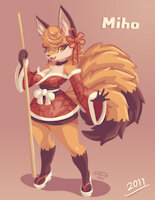 OC Revival 2: Miho by JoVeeAl - kemono, fox, kitsune, boobs, breasts, female, knot, shorts, tie, tongue, original, anthro, digital, fangs, smile, pole, furry, hair, cleavage, tits, oc, choker, solo, vulpine, furries, smiling, kimono, mammal, wide hips, anthropomorphic, chest tuft, open mouth, orange eyes, original characters, digital art, looking at viewer, patterns, original character, sfw, orange fur, nine tailed fox, sandals, simple background, orange hair, vulpid, mythical creature, kumiho, signature, nine tails, digital painting, chest fluff, eyelashes, hi res, ocs, huli jing, safe for work, cream fur, headwear, absurd res, digital drawing, two tone fur, digital artwork, digital media (artwork)