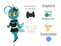 Bad Guys OC - Angelina Reference Sheet by KendraEevee - female, reference sheet, fish, fins, aquatic, yellow eyes, mafia, sharp teeth, fan character, beauty mark, eyeshadow, bad guys, female/solo, anglerfish