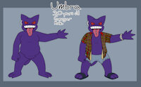 Umbra by AaronAmethyst - nude, male, piercings, clothed, shorts, pokemon, character sheet, anthro, shirt, plaid, gengar, sandals, ear piercing, tongue piercing, featureless crotch