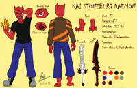 Kai reference sheet by talon2point0 - sword, feline, male, magic, leather, jacket, panther, demon, human, fire, warrior, swordsman, shapeshifter, mixed breed, mixed, daemon, firebrand, leather jacket, half anthro
