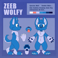 Zeeb Reference by ZeebWolfy - cute, small, wolf, male, reference sheet, cookies, oc, blue hair, fursona