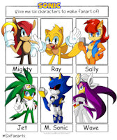 Six Characters Sonic Edition by kamiraexe - wave the swallow, mighty the armadillo, sally acorn, metal sonic, ray the flying squirrel, jet the hawk, soniccharacters