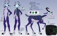 Neils ref sheet by Pandog - male, purple, glow, green, demon, glowing, blue, deer, cervine, stripes, skeleton, skull, ponytail, incubus