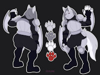 Agent Slasher (Character sheet) by Phlickie - wolf, male, long hair, canine, mask, red eyes, bodysuit, grey wolf, body armor, male/solo, axes