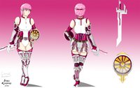 Lenneth Aeronhart-Human Reference Sheet by SorenKisamora - sword, girl, woman, breasts, female, metal, leather, blade, pink, white, human, paladin, armor, warrior, humans, soldier, knight, shield, humanoid