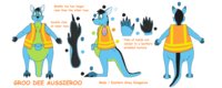 Dyed Blue Groo ref sheet --- by clemaxgra by GrooDeeAussieroo - male, reference sheet, orange, blue, kangaroo, vest, reference, pouch, bag, fanny pack, eastern grey kangaroo, pouch bag, safety vest