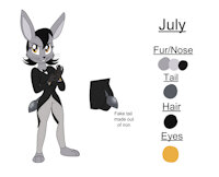 July Reference Sheet by KendraEevee - female, rabbit, reference sheet, black hair, long ears, tuxedo, buck teeth, whiskers, lagomorph, amber eyes, female/solo, gray fur