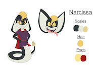 Yin Yang Yo! OC - Narcissa Reference Sheet by KendraEevee - female, hybrid, reference sheet, fangs, naga, reptile, cobra, scalie, rattlesnake, fan character, legless, yin yang yo, female/solo, villainess, rattlecobra