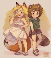 Mikan and Chiaki, by Sunshine Memoir by TiberiusPonificus - kitsune, shorts, t-shirt, tanuki, male/female, kemonomimi, sundress