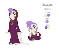 Mighty Ducks OC - Sabrina Reference Sheet by KendraEevee - female, hood, reptile, cloak, scalie, short hair, purple hair, purple eyes, pendant, fan character, saurian, beauty mark, mighty ducks, female/solo, talisman, yellow sclera, white scales