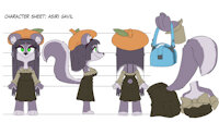 Asiri Gavil - Character Sheet by TurkoJAR - cute, female, long hair, dress, skunk, skirt, character sheet, girly, toony, cartoony, long tail, fashion, big breasts, fluffy tail, skunkette, big tail, fashionable, femenine, character design, purse, eye shadow, fashionista, straight hair, cute clothes, shortstack, smaller female