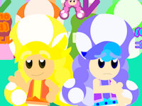 Yellow Toadette (Millie) and Blue Toadette (Lilac) by RachiRodeHills - fc, millie, toad, lilac, fan characters, au, toadette, supermario, toadoc, supermarioocs, super mario ocs, rachi-rodehills, yellow toad adventures, yellow toadette, blue toadette, toad oc, toadette oc