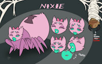 [C] Nixie reference sheet by JAMEArts - commission, reference sheet, pink, expressions, nixie, sticky, lipstick, tarantula, spiderweb, big lips, kissmark, jamearts, raggits