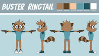 Buster Ringtail Reference Sheet 2023 by Wretchydoodles - raccoon, male, reference sheet, blue eyes, sneakers, brown fur, blue shirt, t-pose, baseball tee