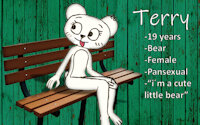 Terry's reference sheet by Terrybear1316 - girl, female, bear, reference sheet, paws, ears, shadow, fur, furry, legs, fursona, arms, bench, shade, hands, earings, toungue, antro, tounge out, beargirl